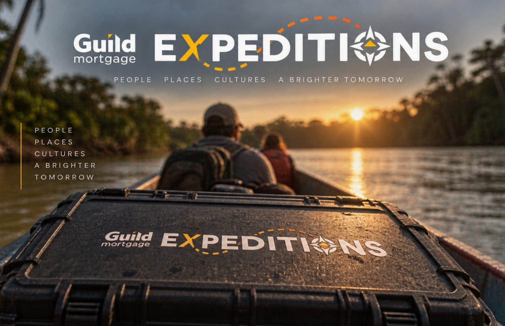 A Guild Expeditions case in a canoe heading upriver at sunset